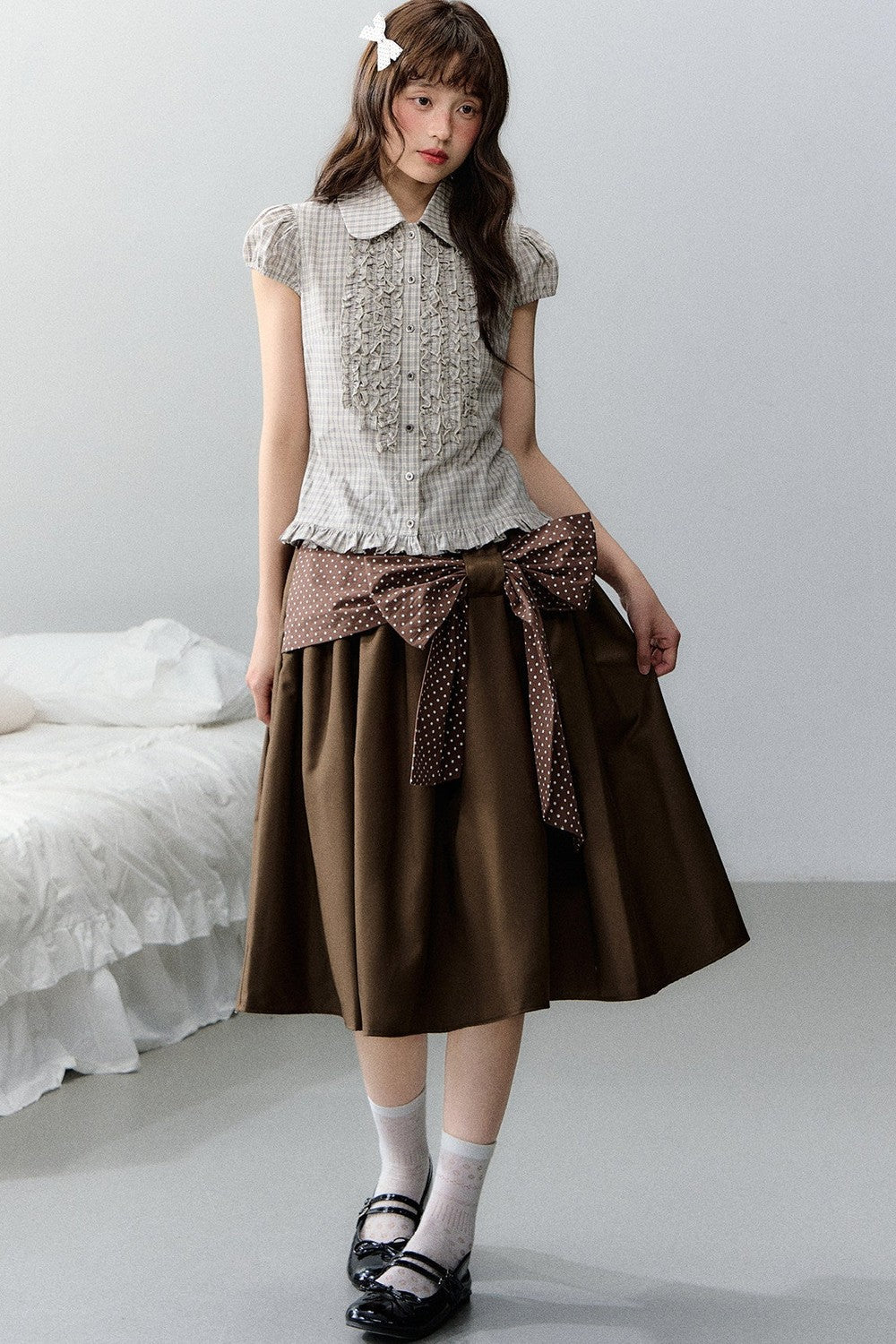 Plaid Short Sleeve Doll Collar Blouse