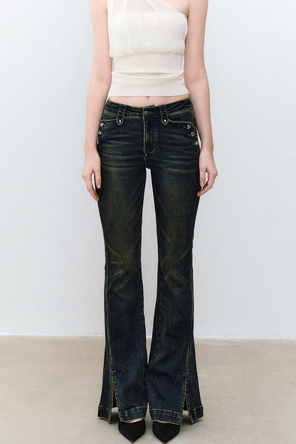 Heart Button Slit Flared Jeans