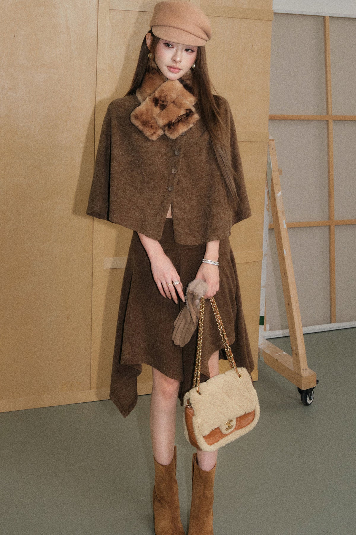 Mocha Brown Velvet-Like Top and Skirt Set