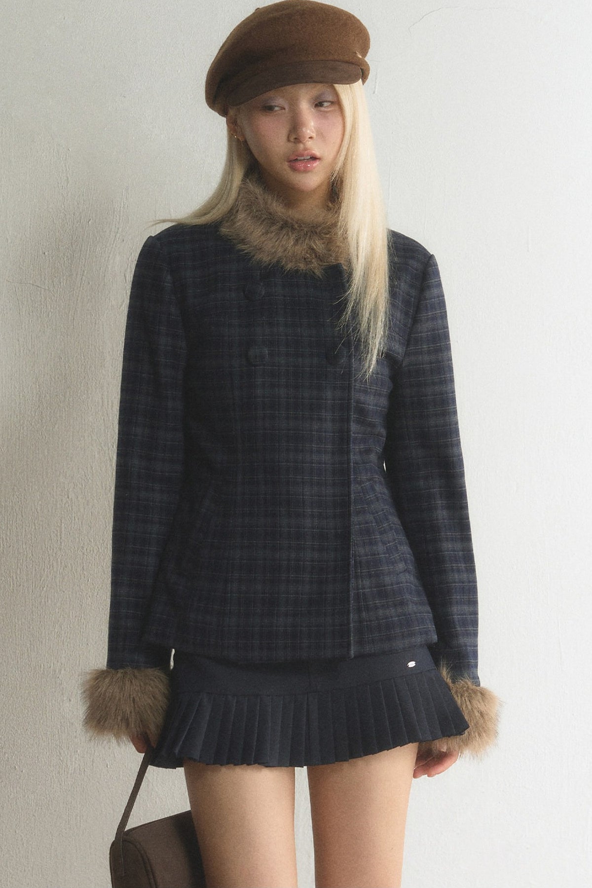 Plaid Woolen Jacket and Skirt Set-Up