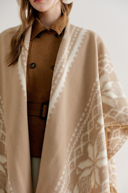 Khaki Fair Isle Jacquard Long Tassel Cape