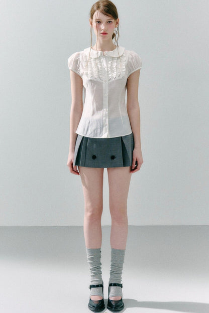 White Acetate Linen Ruffle Blouse
