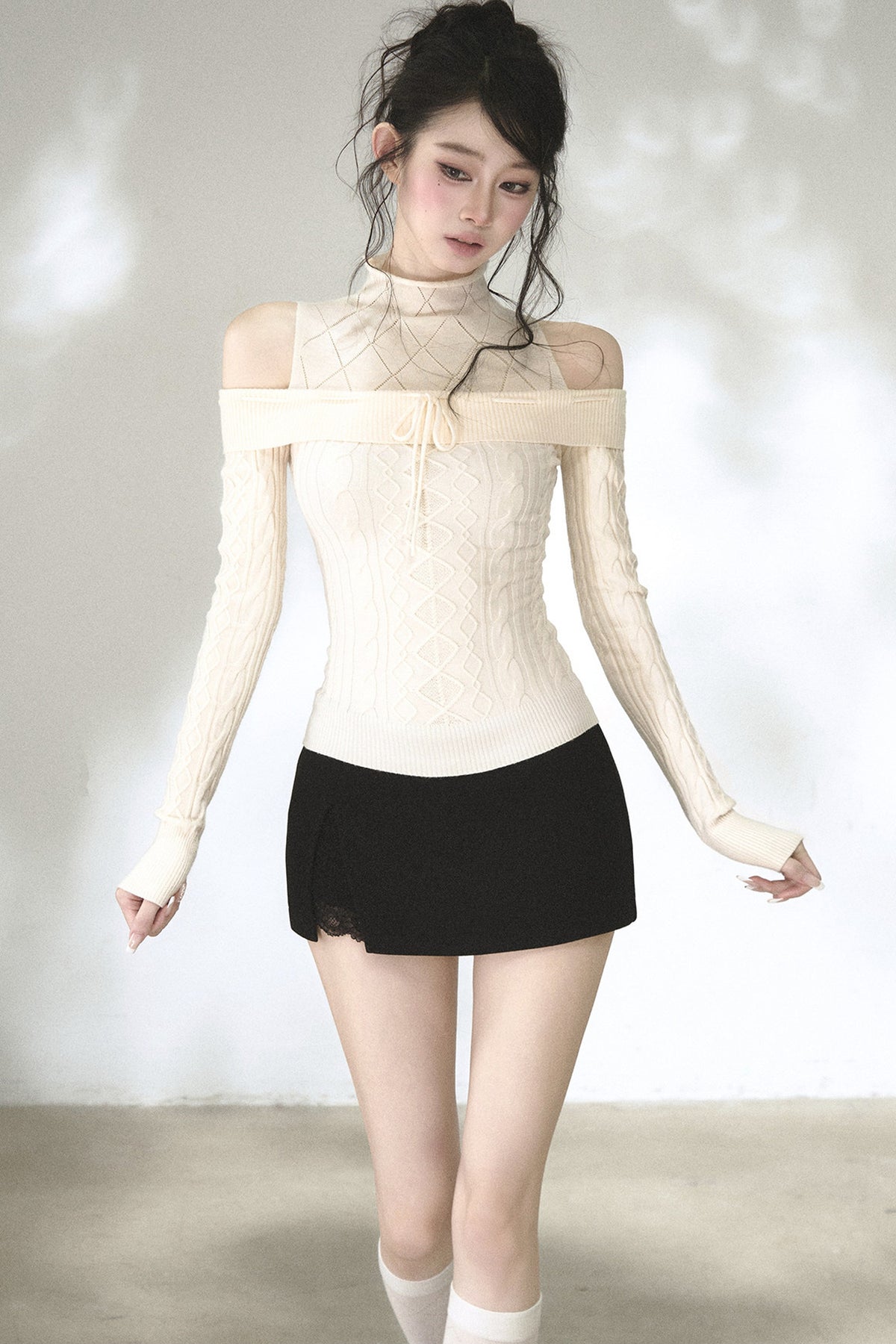Hollow-Out Off-Shoulder Diamond Knit Top
