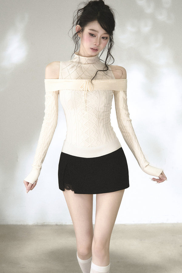 Hollow-Out Off-Shoulder Diamond Knit Top