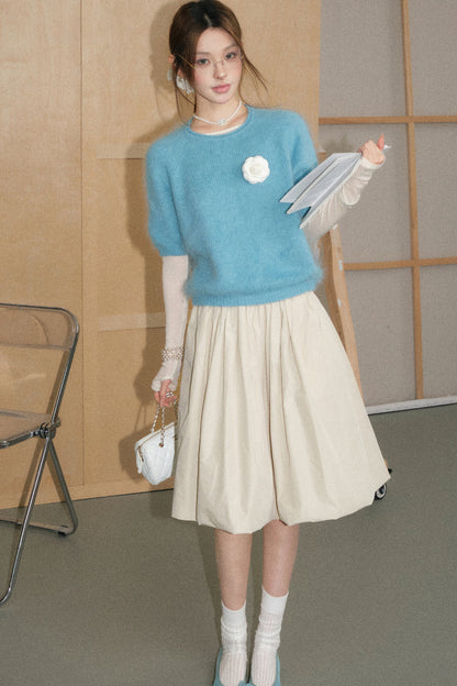 Mid-Sleeve Brushed Wool Pullover Top and A-Line Skirt Set-Up