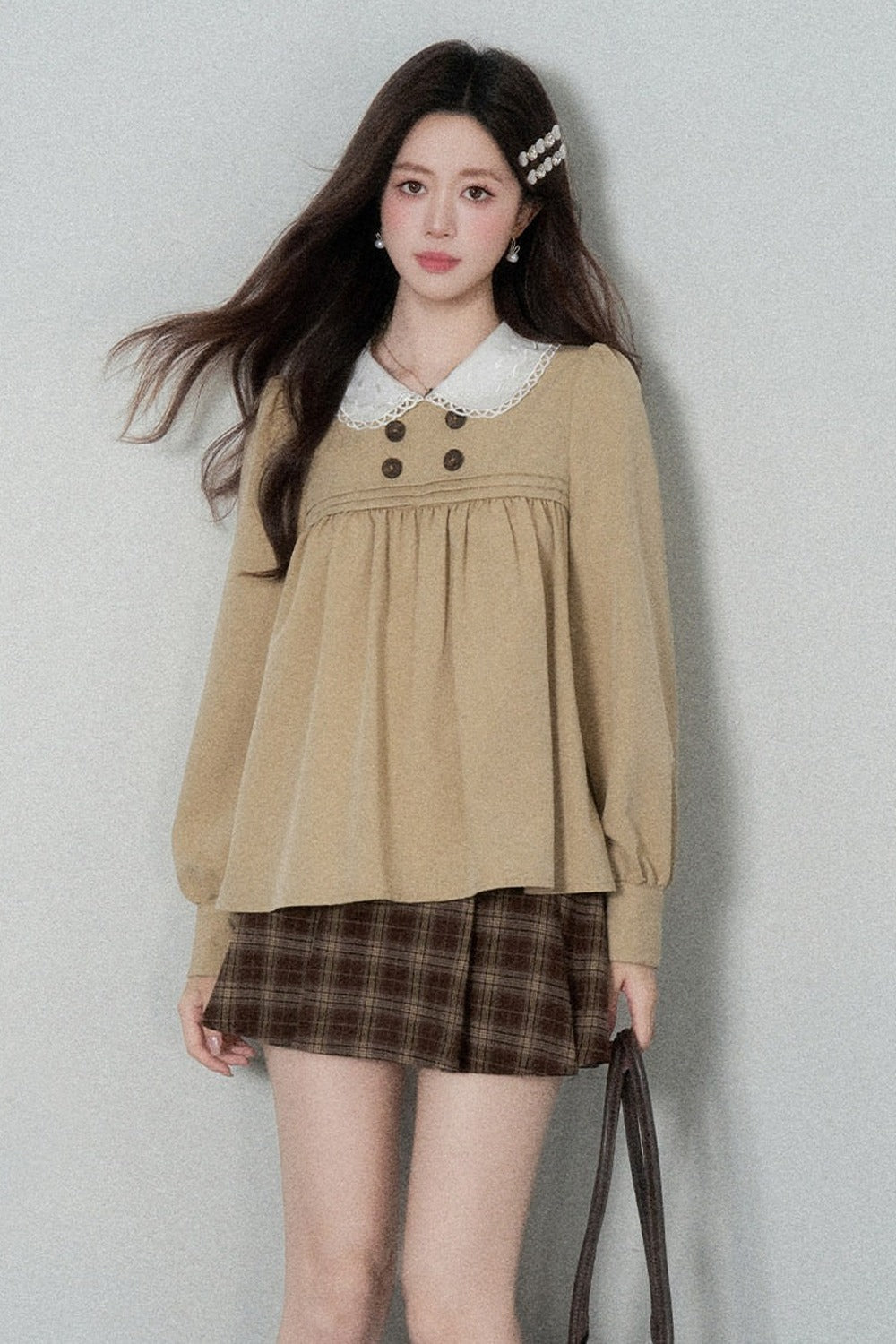 Khaki Doll Collar Pullover Shirt and Skirt Set-Up