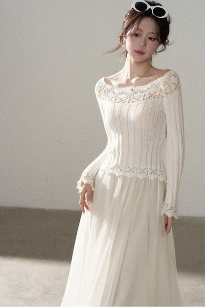 Off-Shoulder Lace Hollow-Out Knit Pullover
