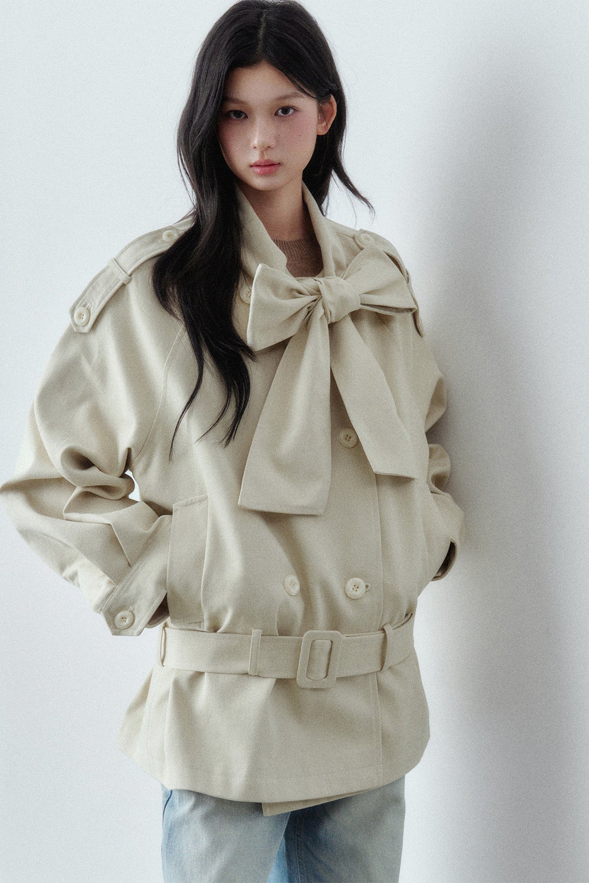 Bow Tie Low-Waist Cotton Trench Coat