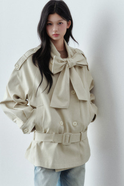 Bow Tie Low-Waist Cotton Trench Coat
