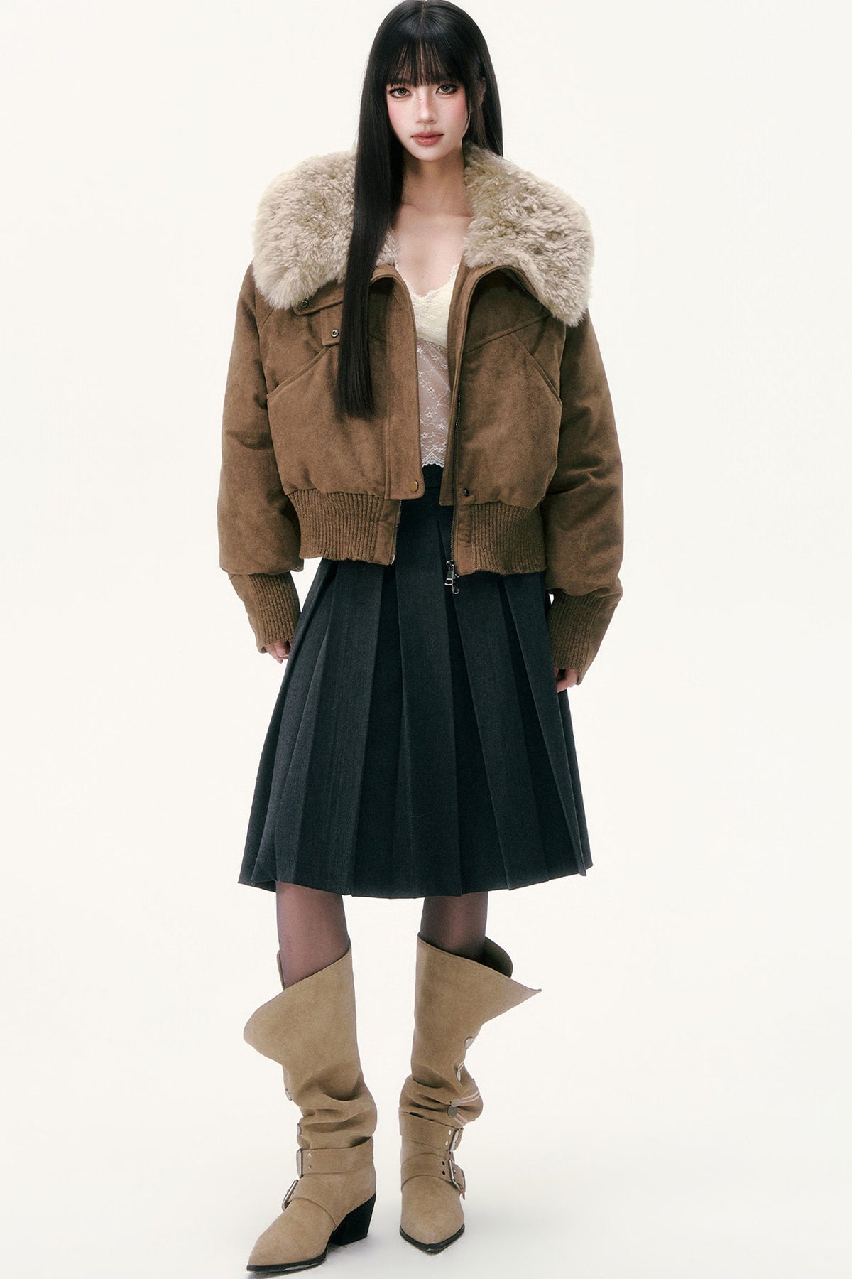 Olive Green Wool Collar Down Jacket