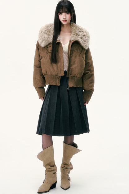 Olive Green Wool Collar Down Jacket