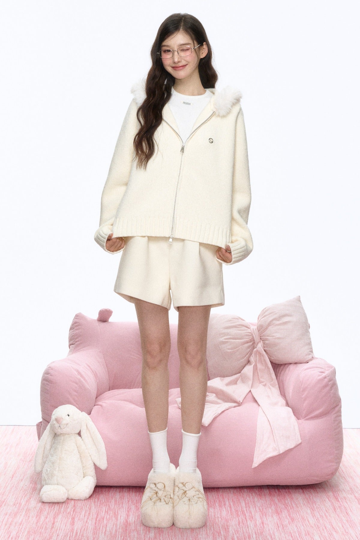 Large Fur Collar Hooded Knit Cardigan and Shorts Set-Up