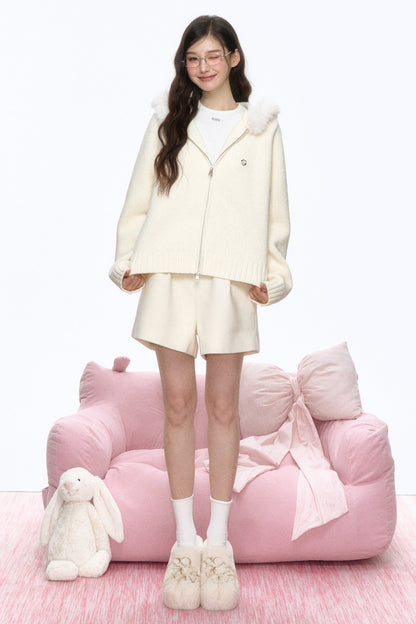 Large Fur Collar Hooded Knit Cardigan and Shorts Set-Up