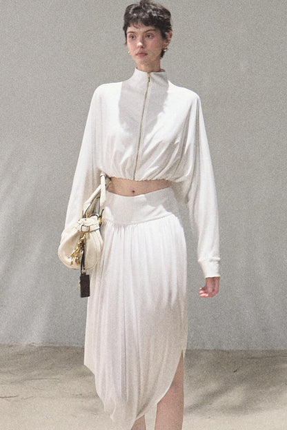 Irregular High-Waisted White Slit Skirt