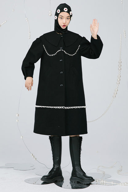 Black Pearl Lace Wool Coat