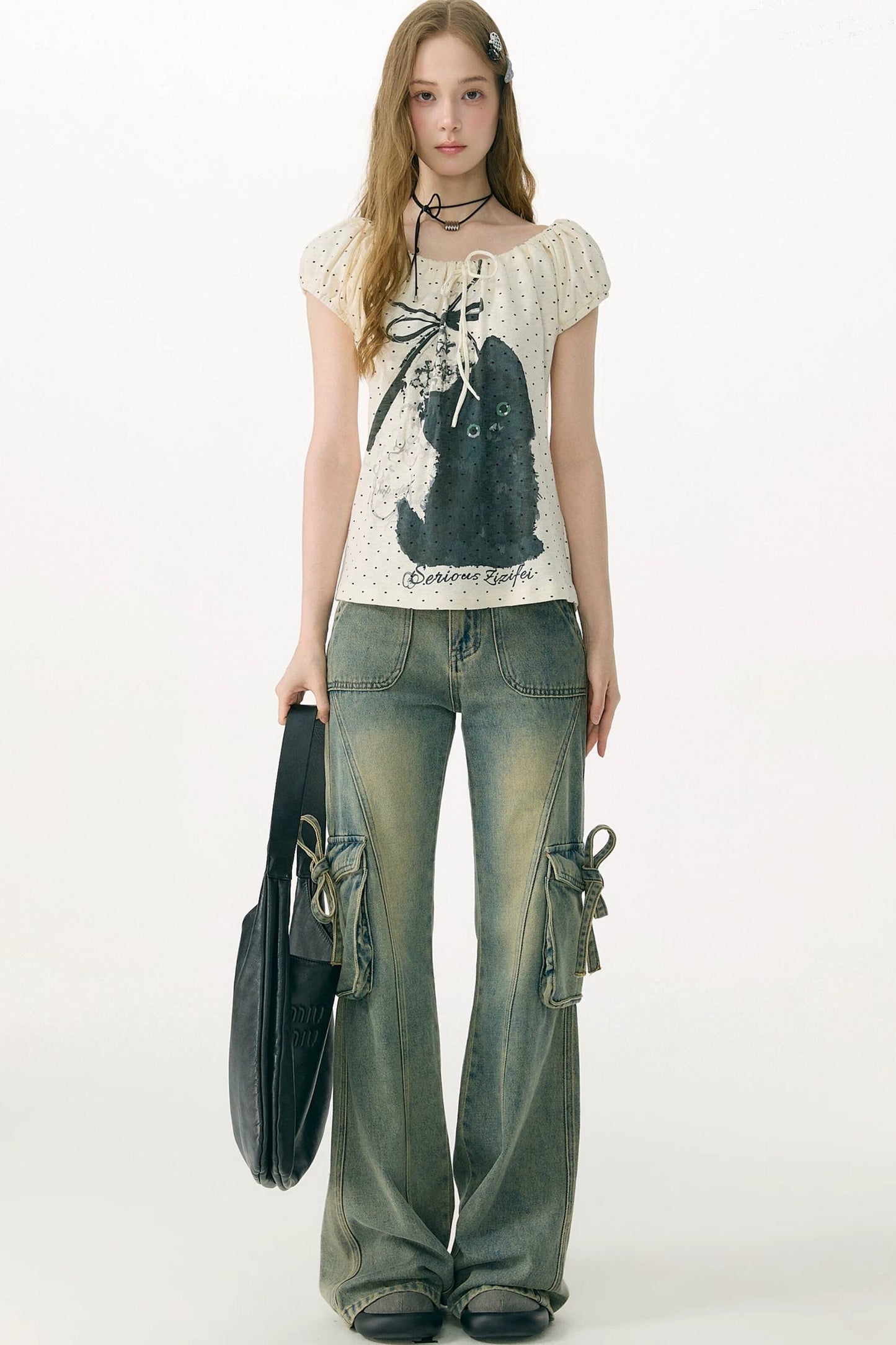 White Cat Print Off-Shoulder T-Shirt