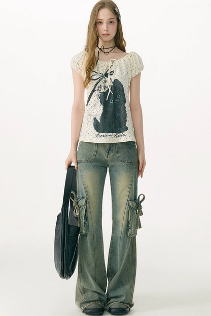 White Cat Print Off-Shoulder T-Shirt