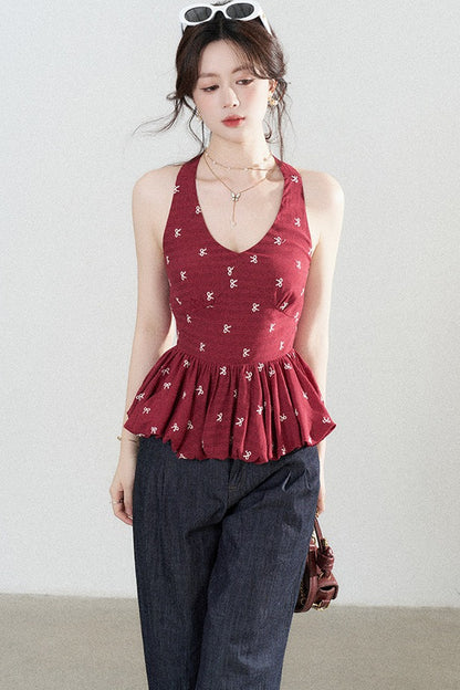 Red Halter Peplum Top