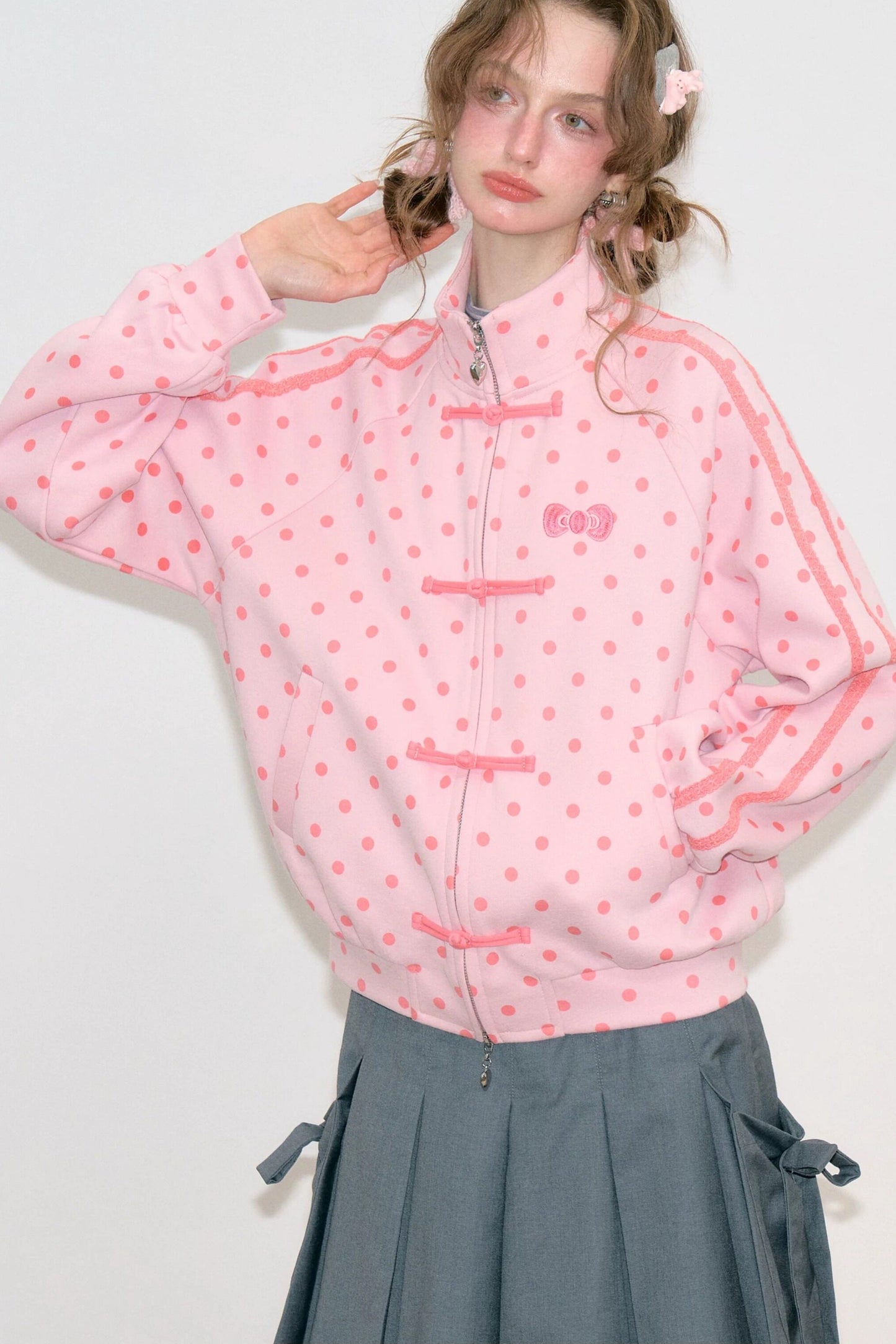 Pink Polka Dot Zipper Sweatshirt Jacket