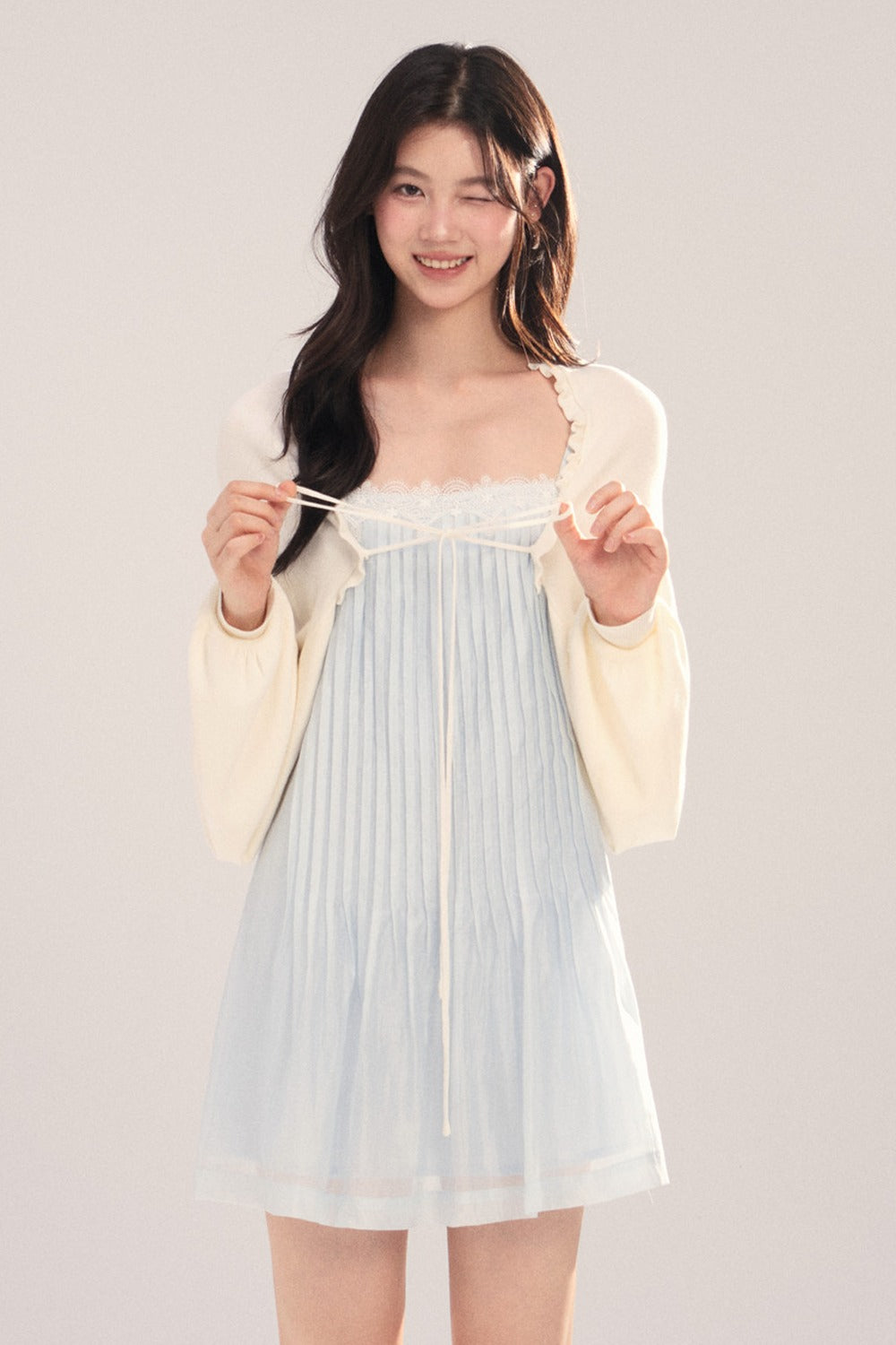 Suspender Dress with Lantern Sleeve Shawl Cardigan Set-Up