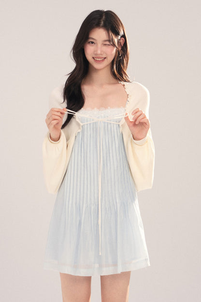 Suspender Dress with Lantern Sleeve Shawl Cardigan Set-Up