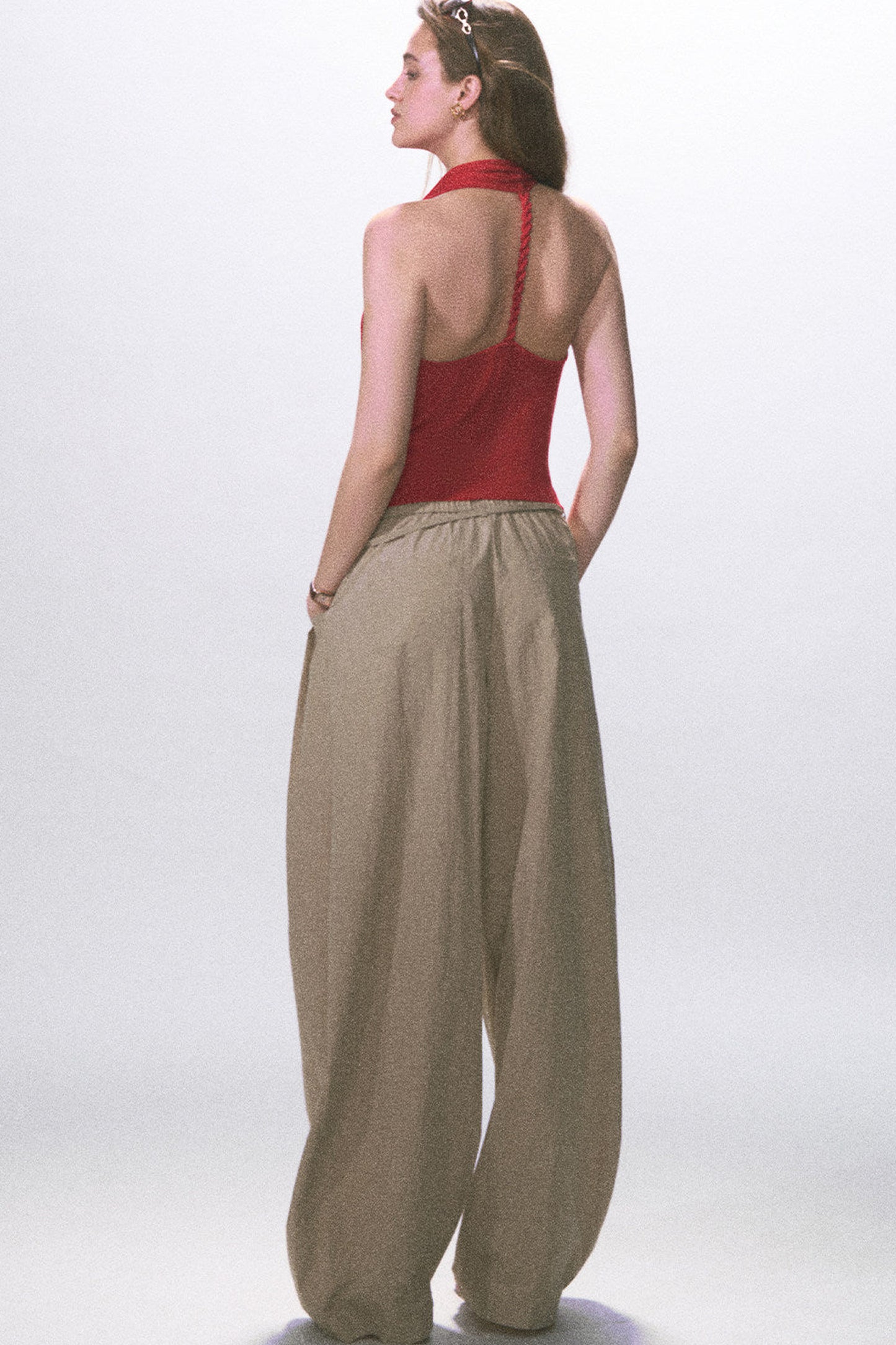 Wrinkled Twill Wide-Leg Pants