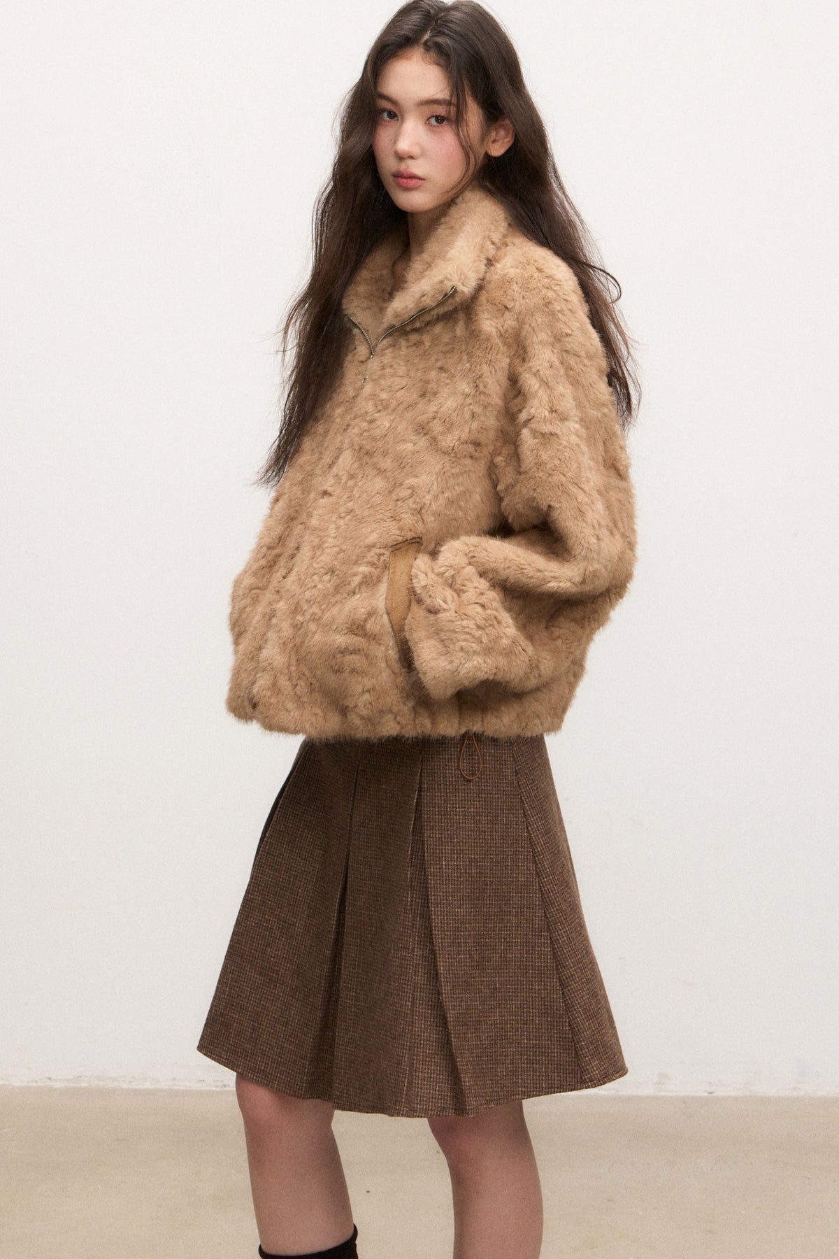Camel Suede Lapel Fur Top Set-Up