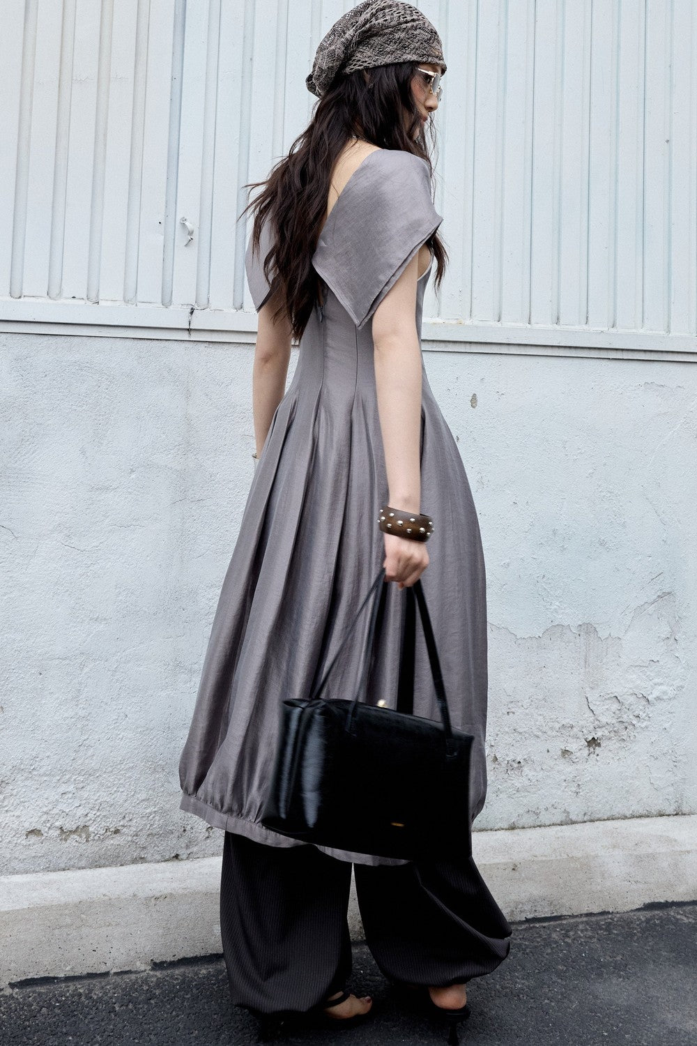 Glossy Gray Bubble Collar Dress