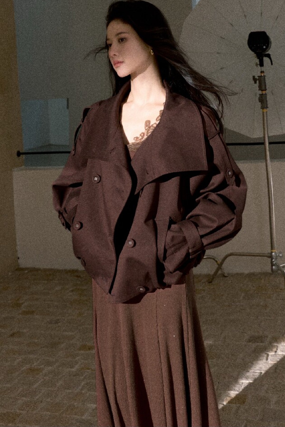Spliced Lace Trim Long-Sleeve A-Line Dress