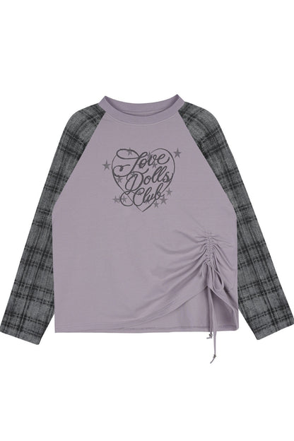 Gray-Purple Raglan Sleeve Printed Drawstring T-Shirt and Plaid Skirt Set