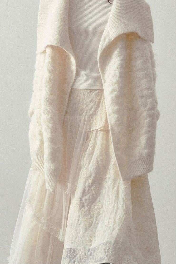 Beige Thick-Knit Loose Mid-Length Cardigan