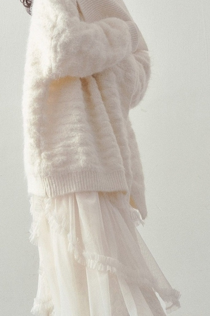 Beige Thick-Knit Loose Mid-Length Cardigan