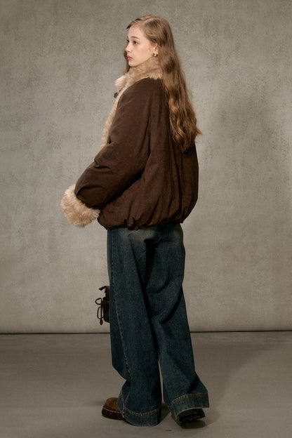 Wheat Spike Floral Plush Stand Collar Jacket