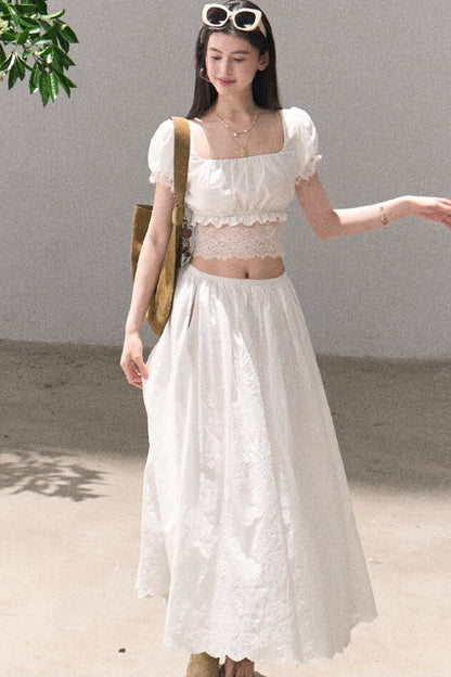 Ensemble haut et jupe en dentelle de coton à motif floral