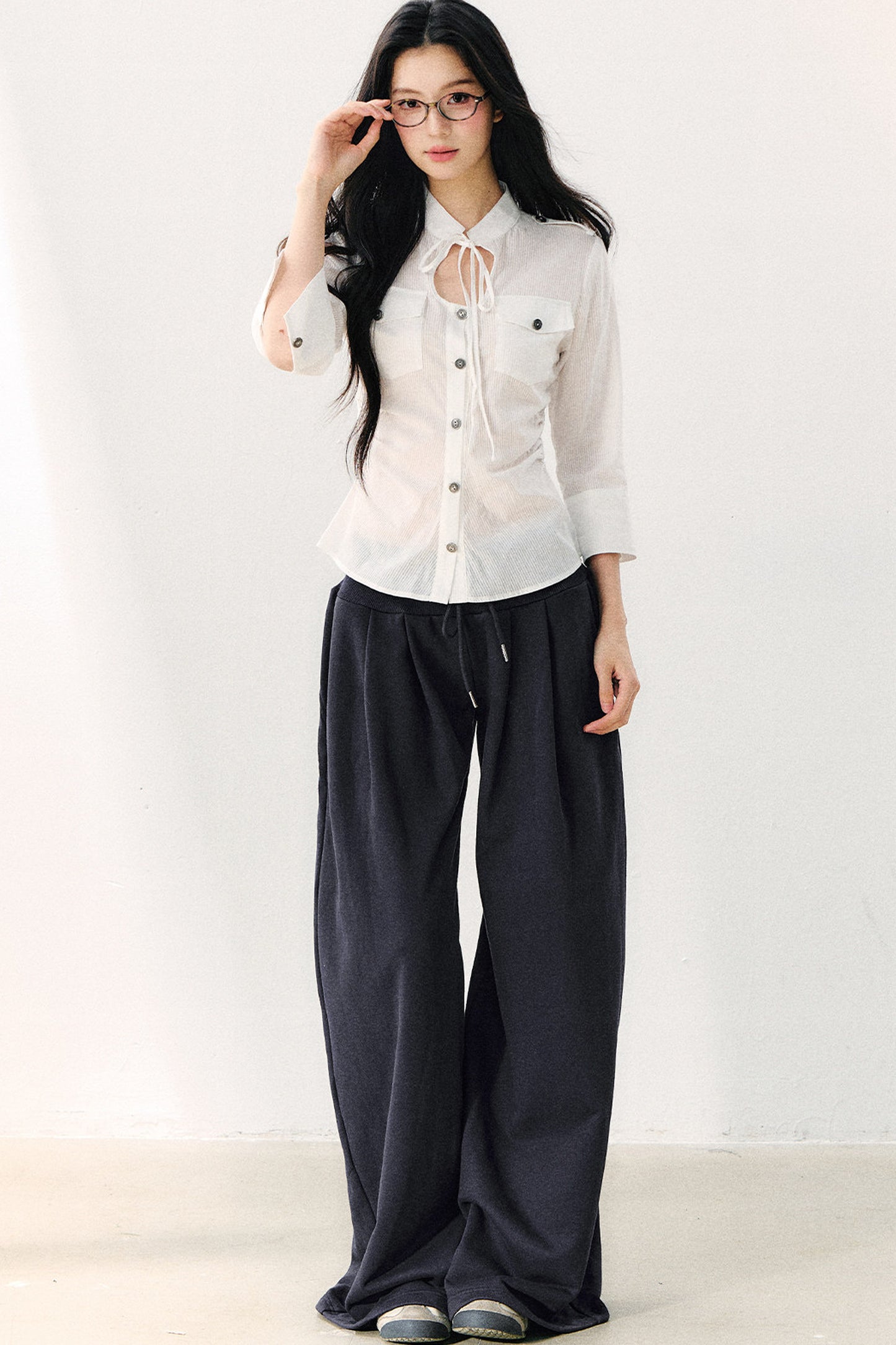 Pure Cotton Tie Neck Three-Quarter Sleeve Shirt