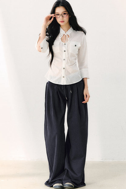 Pure Cotton Tie Neck Three-Quarter Sleeve Shirt
