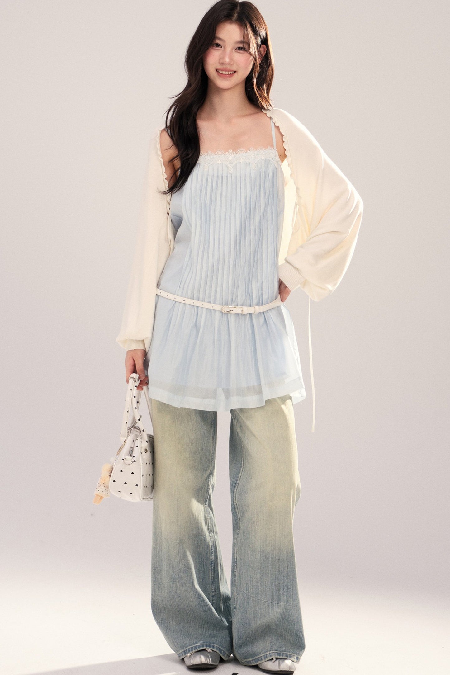 Suspender Dress with Lantern Sleeve Shawl Cardigan Set-Up