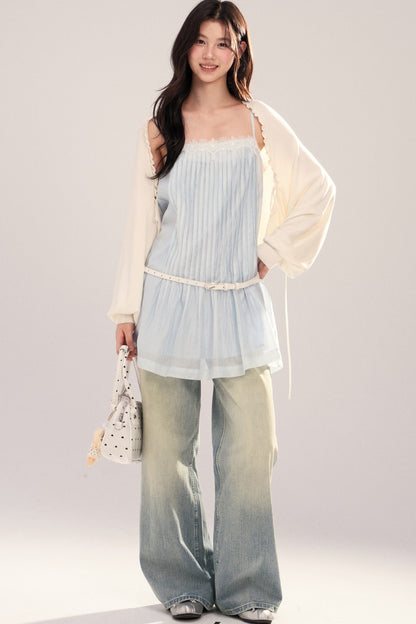 Suspender Dress with Lantern Sleeve Shawl Cardigan Set-Up