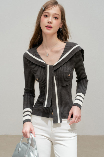 Navy Collar Striped Knit Top