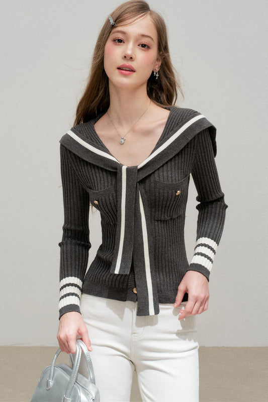 Navy Collar Striped Knit Top