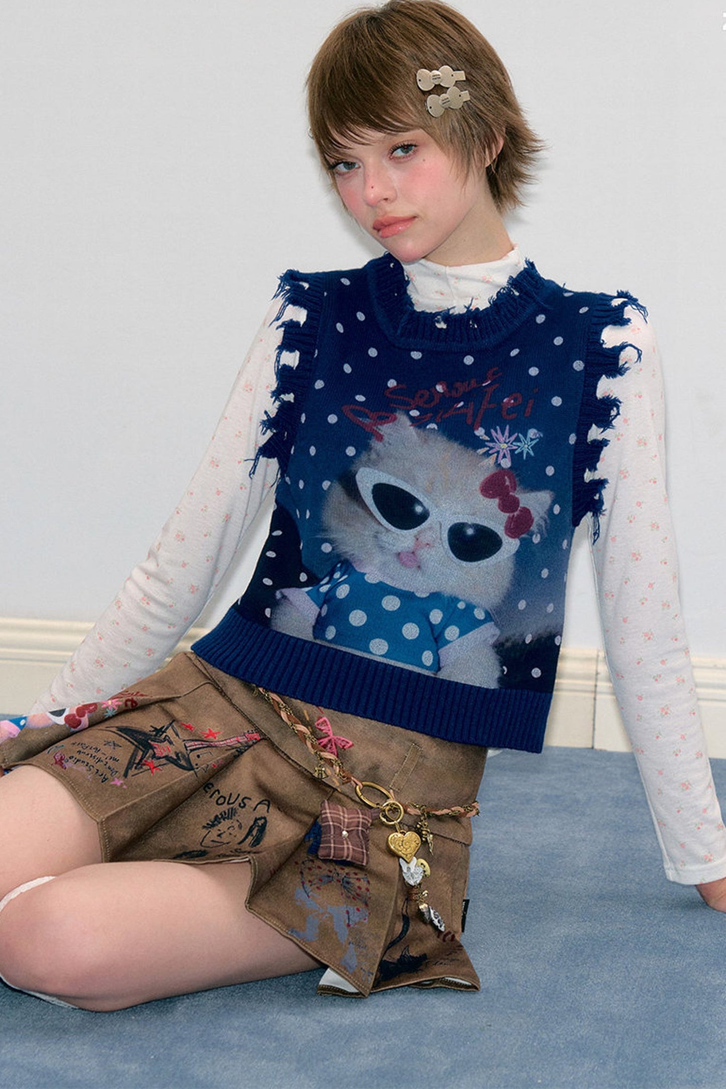 Navy Blue Cat Print Polka Dot Vest