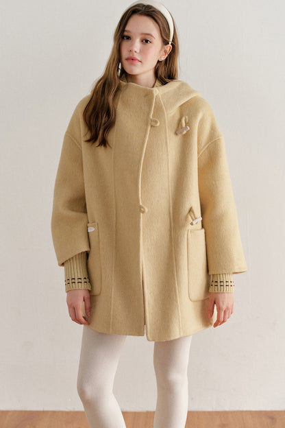 Hooded Horn Button Wool Coat