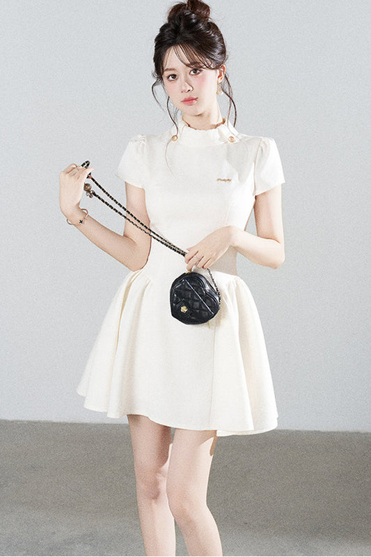 White Waist-Cinching A-Line Dress