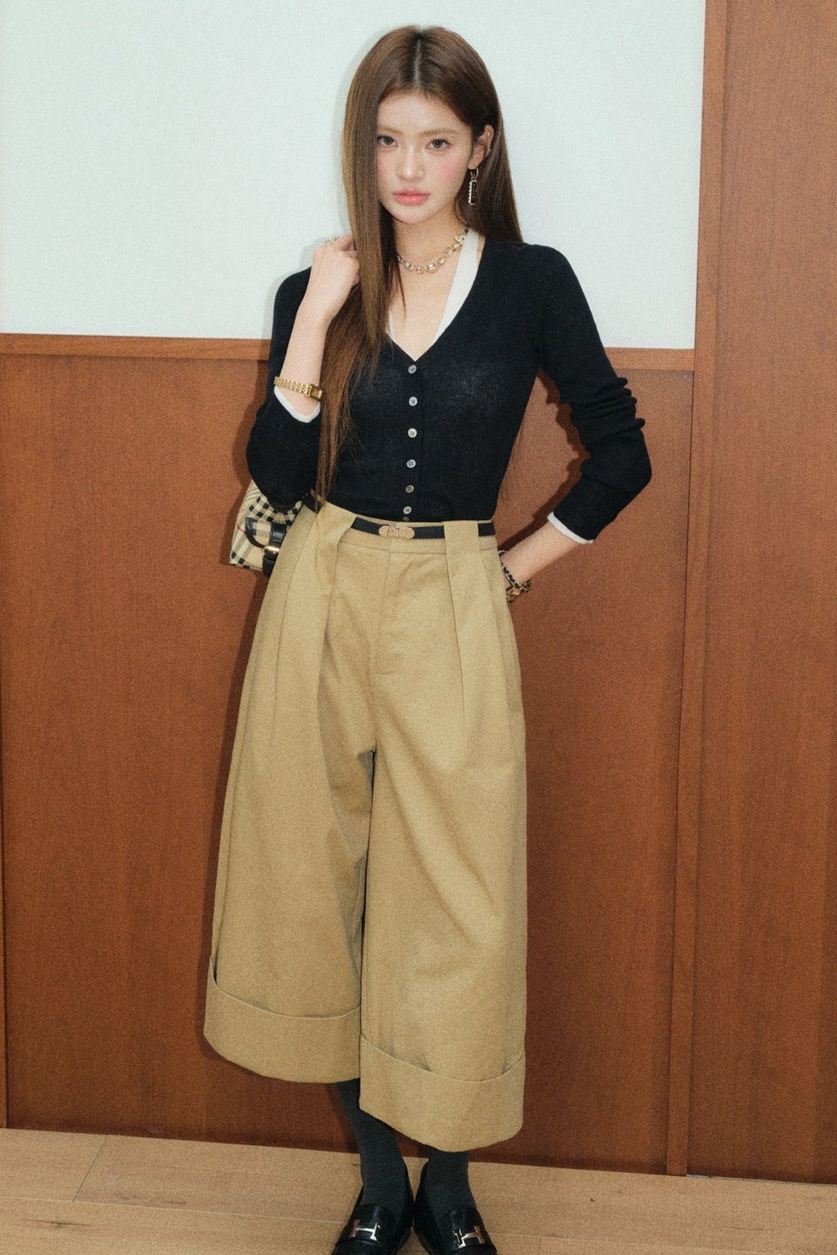 Layered-Look Top and High-Waisted Khaki Wide-Leg Cuffed Pants Set-Up