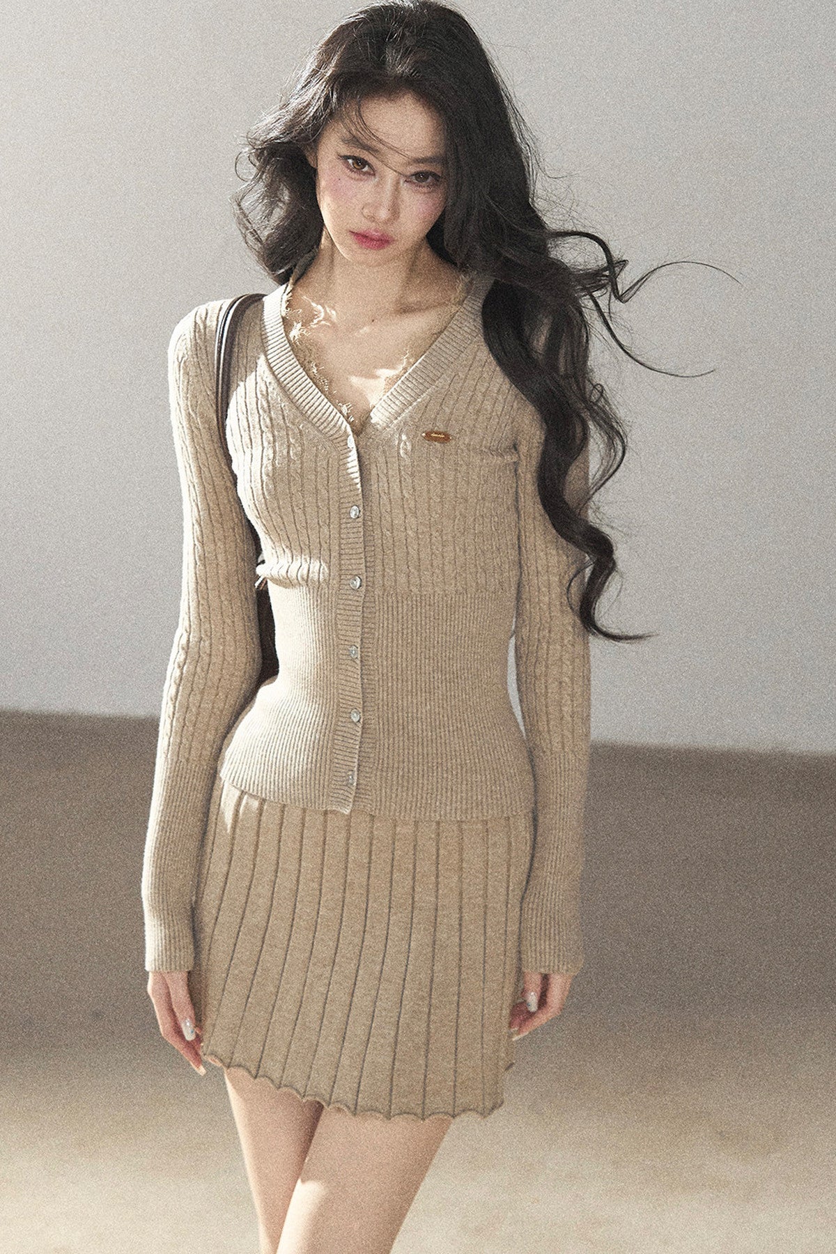 Oatmeal Knit Cardigan and Ribbed Skirt Set-Up