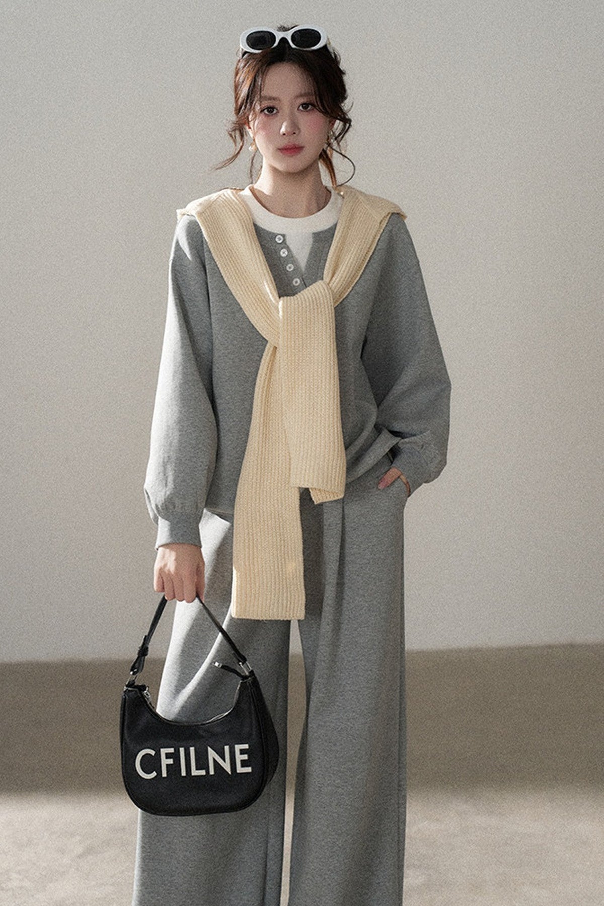 Hooded Shawl Sweatshirt and Wide-Leg Pants Set-Up