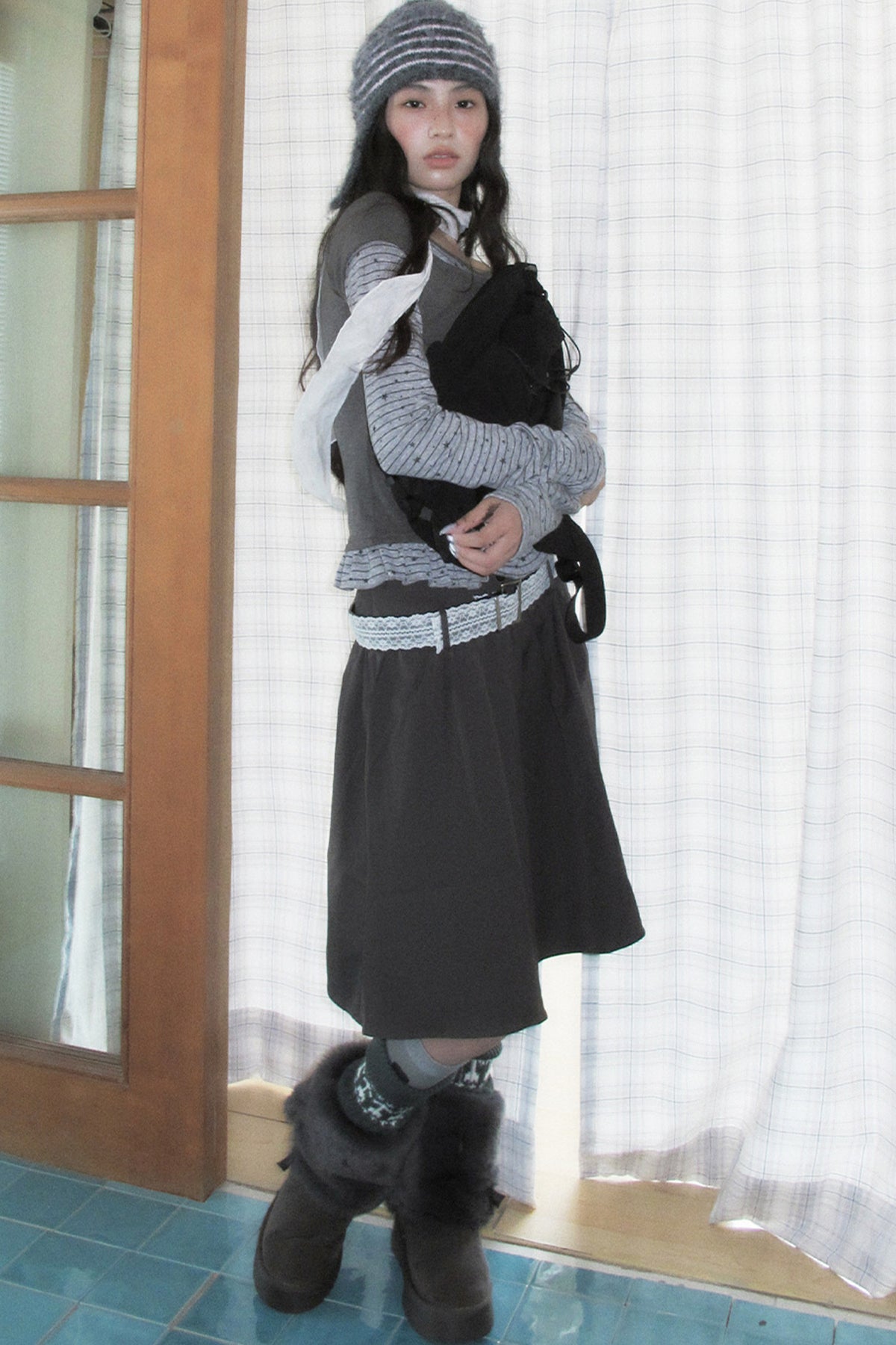 Gray A-Line Mid-Length Umbrella Skirt