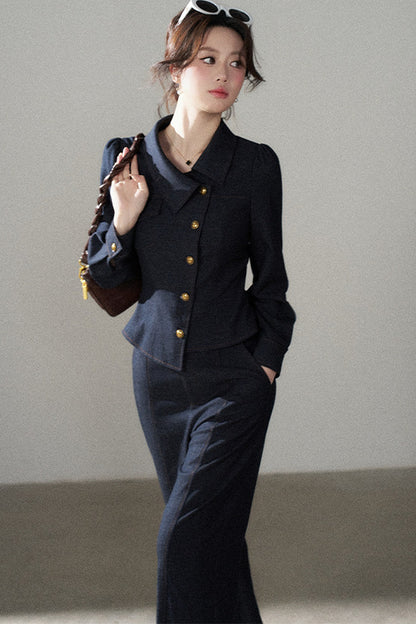 Asymmetrical Lapel Blue Top and Pants Set-Up