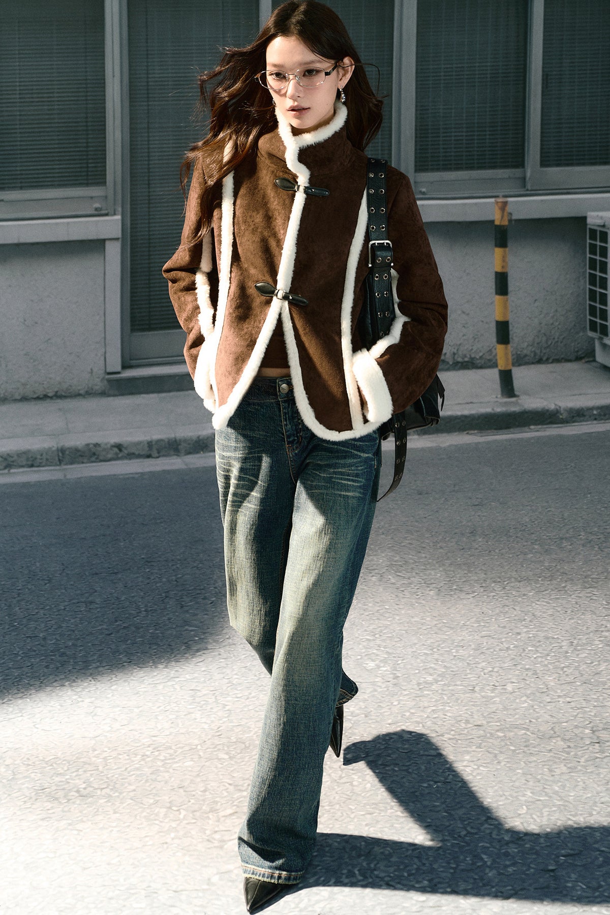 Brown Stand Collar Shearling Jacket