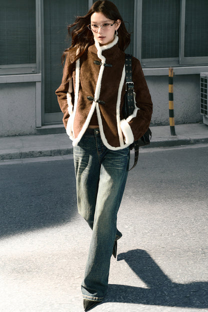 Brown Stand Collar Shearling Jacket